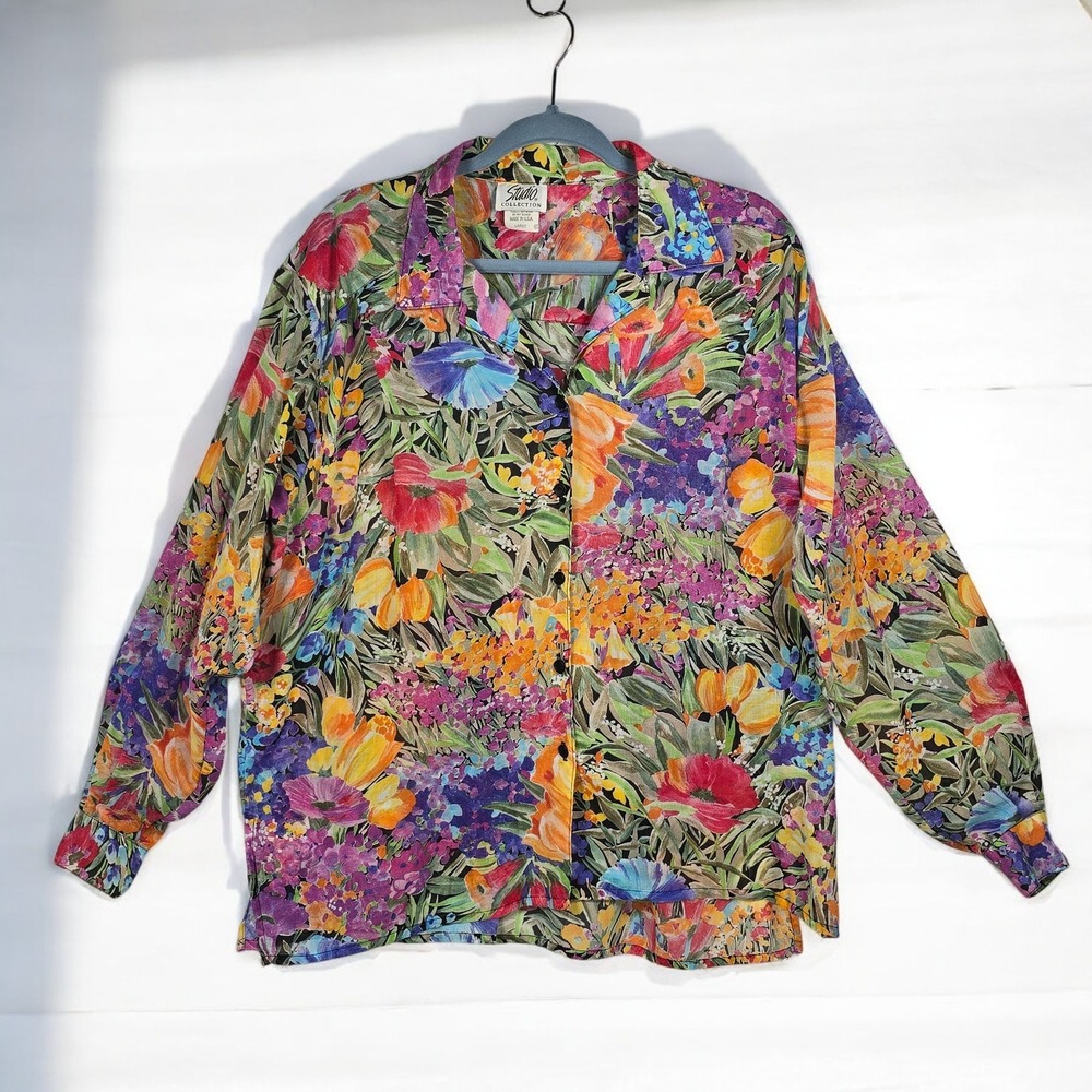 VTG Studio Collection Shirt Floral‎ Print Button Down Women's Large Made in USA